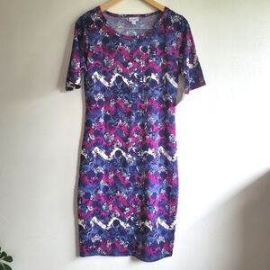 Lularoe Julia‎ Dress, Blue/Magenta Floral Chevron, Size Medium, NWT